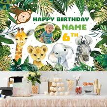 1 pieza de Pancarta personalizable de poliéster para fiesta de cumpleaños, muestra foto personalizada, nombre y edad, con temática de animales, adecuado para decoración de fiesta de cumpleaños, con lindos dibujos animados de animales de la selva, disponible en múltiples tamaños