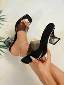 Women's Summer New High Heel Slippers, Elegant Transparent High Heel Sandals, Fashion Asymmetric Crystal Heel Sandals, Suitable For Evening, Party, Wedding, Office And Other Occasions, Pair With Women's Outfits
