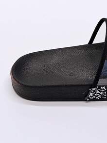 roulvxiang 新款黑色、棕色、杏色鞋子，饰有心形、星星、波点和金属扣，休闲拖鞋，适合室内、室外、沙滩、水上活动，平底凉鞋，点缀水钻亮片，女士春夏装扮 - 黑色亮片 - 查看 9