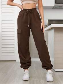 Pantalón tipo cargo semi-entubado para mujer, diseño sexy y casual, tela de algodón y poliéster, apto para temporadas de primavera, verano y otoño, ajuste de cintura natural, bolsillos funcionales, fresco, ligero y cómodo. - Café integral - Ver 2
