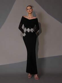 Modphy New Handmade Beaded & Rhinestone Embellished 3D Flower Sexy Off Shoulder Long Sleeve Bodycon Dress, Elegant For Wedding Guest, Holiday Party, Formal Evening Gown