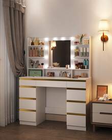 HEXCELEN Dressing Table With 10 LED Light Globes, 3 Colors, Adjustable Brightness, Large HD Mirror, 1 Large Drawer And 8 Small Drawer Cabinets, 9 Open Storage Areas, White - White - View 3