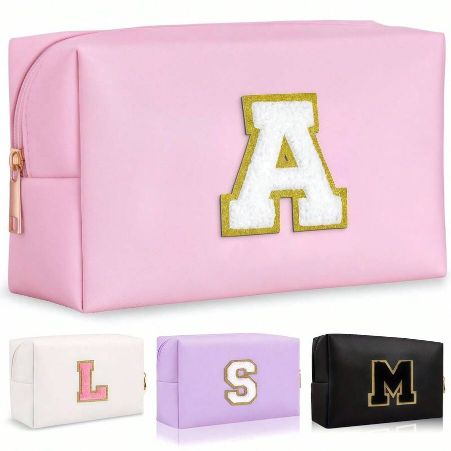 1pc Personalized Initial Makeup Bag - Preppy Chenille Letter Cosmetic Pouch With Zipper | Waterproof PU Leather Toiletry Bag For Women & Girls (Choose Letter A-Z) | Travel Essential,For Holiday Beach, Bathroom Collection, Bedroom Collection, Large Capacity