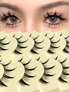 Asiteo 5对卡通动漫假睫毛，角色扮演假睫毛，浓密卷翘甜美可爱自然娃娃眼日常妆容假睫毛条 - 尖尾漫畫款 - 查看 1
