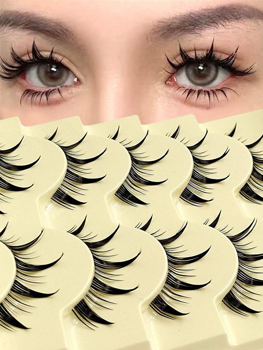 Asiteo 5对卡通动漫假睫毛，角色扮演假睫毛，浓密卷翘甜美可爱自然娃娃眼日常妆容假睫毛条 - 尖尾漫畫款 - 查看 1