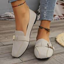 New Spring/Summer Women's Casual Square Toe Flat Loafers, Belt Buckle Decor, Slip On Comfortable Plus Size Shoes
