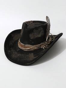 1 pieza Sombrero de vaquero unisex vintage desgastado con decoración de plumas, diseño único hecho a mano, adecuado para eventos con temática del oeste, fiestas, compromisos, cosplay, festivales, festivales de música