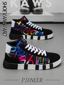 حذاء رياضي عالي الرقبة مطبوع برسومات غرافيتي للرجال، تصميم إبداعي، طراز الشارع والهيب هوب، نعل مطاطي، مريح وبمقاسات كبيرة مناسب للأزواج