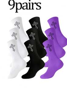 3 双/包男士运动十字图案流行设计袜子，时尚学生和情侣中筒袜，春夏 - 黃色 - 查看 2