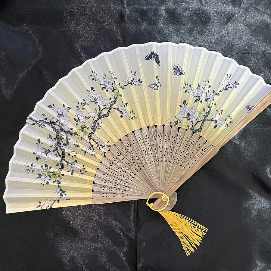 1 件古董折叠竹扇，舞蹈扇，饰有黑蝴蝶流苏花卉图案，手工扇 - 滿園春色-黃 - 查看 1