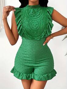 Women's Textured Fabric Panel Collar Jumpsuit - Green - View 1