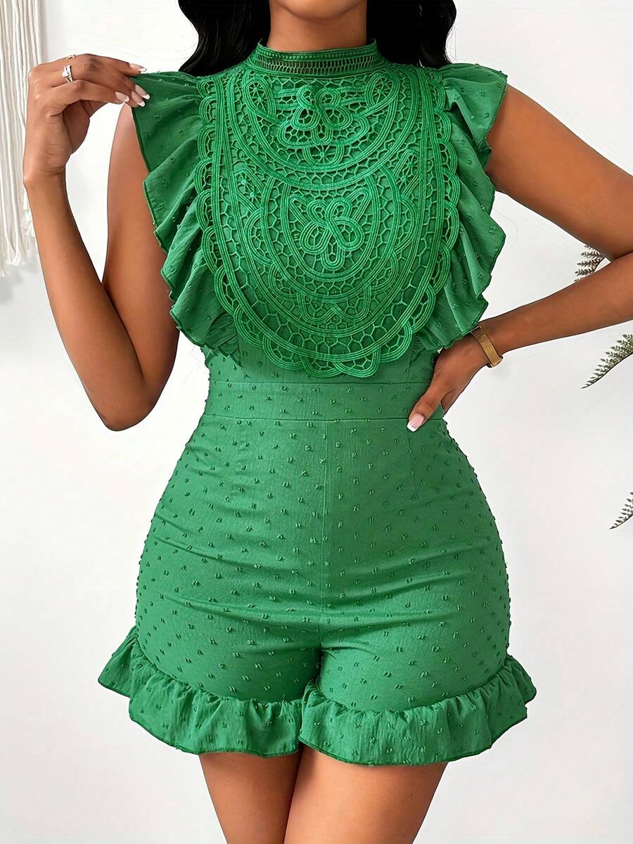 Women's Textured Fabric Panel Collar Jumpsuit - Green - View 1