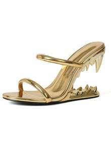 Metallic Wedge Sandals For Women Slip On Shark Teeth Mule Heels Comfortable Open Toe High Heeled Slide Sandals - Vàng - Xem 2