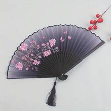 2026 New Arrival, Best Seller 1pc Retro Style Bamboo Folding Fan, Sakura Design, Gradient Black To Purple, Tassel Detail, Traditional Chinese Hanfu Dance Accessory, Women's Portable Fan, Decorative Gift, Ideal For Graduation Season - Multicolor - View 2
