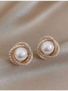 Women's Pearl Zirconia Plated Earring - Vàng - Xem 2