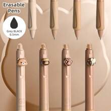 Set di 4 penne cancellabili con motivi di orso, ape, zampa e barattolo di miele - con sfera alla fine per cancellare l'inchiostro - penna retrattile ed ergonomica a forma di animale - punta da 0,5 mm in grigio e nero, adatta per il ritorno a scuola