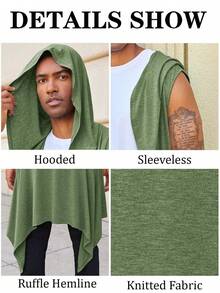 Runcati Mens Hooded Cardigan Sleeveless Ruffle Shawl Collar Open Front Knit Drape Robe - 軍綠色 - 查看 5