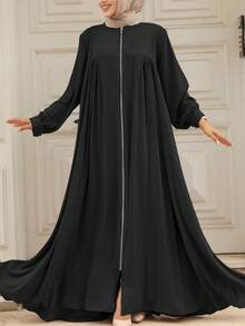 Robe ample à manches longues et zip en couleur unie pour femmes, style abaya du Moyen-Orient, robe de ville décontractée, jupe longue de style islamique modeste - Noir - Voir 1