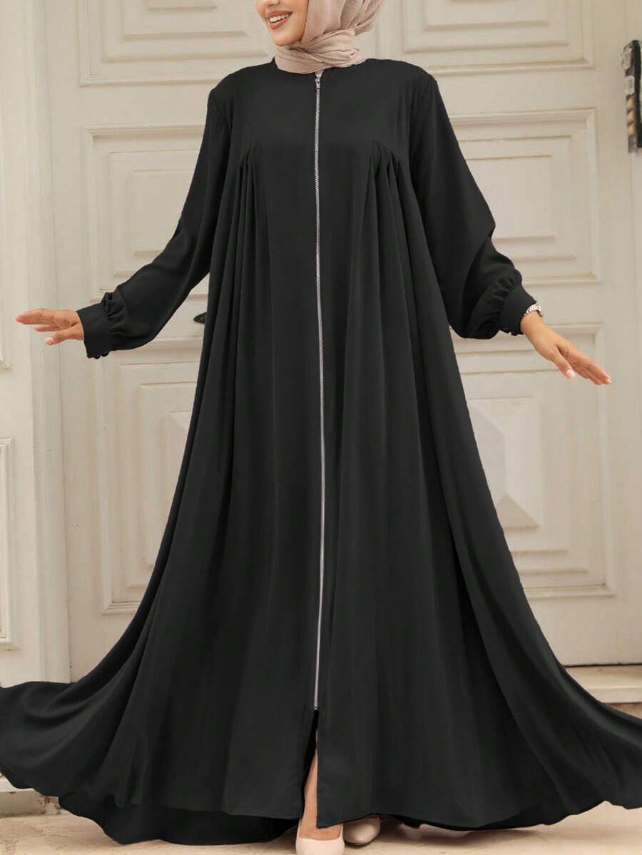 Robe ample à manches longues et zip en couleur unie pour femmes, style abaya du Moyen-Orient, robe de ville décontractée, jupe longue de style islamique modeste - Noir - Voir 1