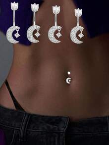 1PC S925 Sterling Silver Navel Ring Puncture Jewelry For Women, Diamond Moon Hanging Zirconia Belly Button Studs, Rod Length 6mm, 8mm, 10mm, 12mm Multiple Size Options, Suitable For Girls Daily Wear, Girls Daily Dress, The Best Gift For Girlfriends, Mothers, Sisters - Navel Nails - View 1