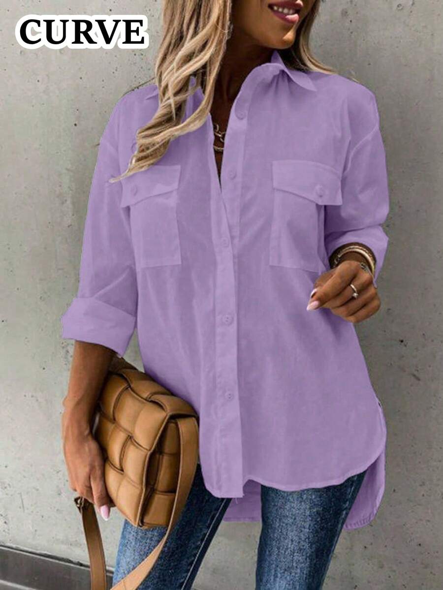 Plus Size Women's Solid Color Casual Loose Button-Up Utility Shirt - Purple - View 1