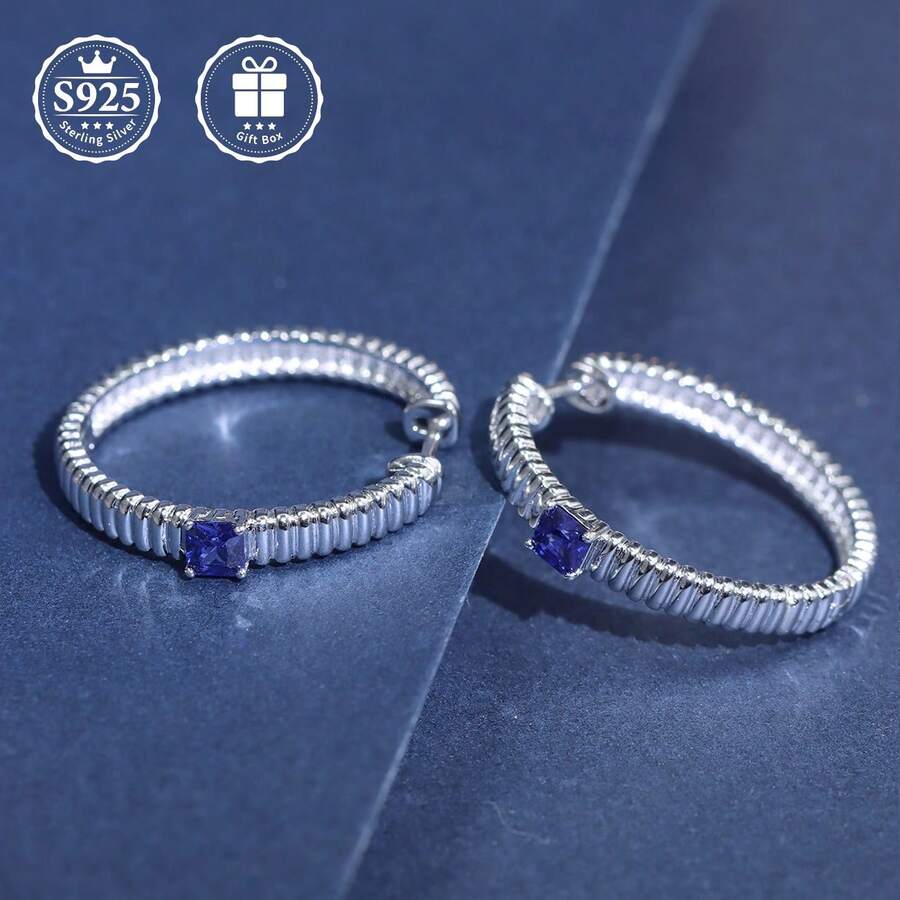 1 Pair S925 Silver Big Hoop Earrings With Lab-Grown Green Gemstones, Fashionable Round Earrings, Classic & Elegant, Suitable For Daily Wear, Party, Mother's Day Gift