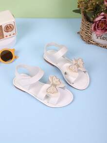 1 Pair Summer Fashion Bow Decor Flat Sandals, Solid Color Versatile Hook And Loop Design Outdoor Beach Slippers - White - View 2