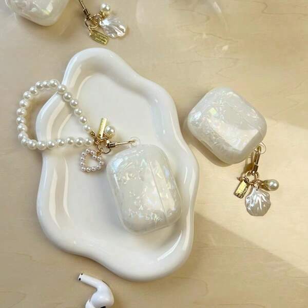Pearl 1pc Zwart Shell Patroon + Pearl Hangende Ketting Oortelefoonhoes, Geschikt voor Gen Schokbestendige Beschermhoes
