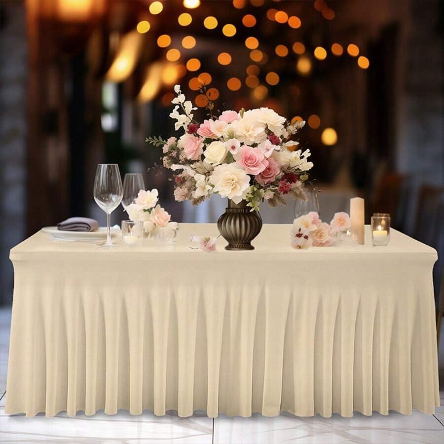1pc/2pcs Rectangular Pleated Spandex Tablecloth, White/Black/Champagne, Wrinkle-Resistant & Washable, Solid Color Patio Table Cover For Wedding, Party, Christmas, Birthday