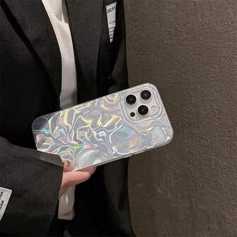 波浪涟漪 1 件水波纹纯色简约时尚独特可爱女孩/女士手机壳，不对称波浪 IMD 全身防震银色渐变波浪金属激光闪亮艺术设计，兼容 Apple/OPPO/VIVO/Honor/Redmi/Transsion 手机防水防摔防刮