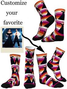 1 Pair Of Women's Mid-Calf Socks, Custom Rainbow Socks, "LGBTQ+, LGBTQ+", A Great Custom Gift For Your Gay Friends, A Great Gift For Mom, Personalized Novelty Socks With Photos, Rainbow Socks, Your Own Handsome Men And Women, Cute Animals, Puppies And Kittens And More.