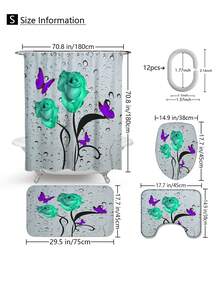 1pc/4pcs Romantic Rose & Butterfly Printed Bathroom Curtain Set, Adds Dreamy Atmosphere To Bathroom. Includes Shower Curtain With 12 Hooks, Bath Rug, U-Shaped Toilet Mat, Toilet Lid Cover, Bathroom Divider, Bathroom Accessories, Bathroom Decor