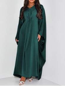 Unadoll Women's Solid Color Elegant Cinched Waist Soft Satin Loose Twist Batwing Sleeve Maxi Dress, Suitable For Beach Vacation, Music Festival And Back To School Season - Dark Green - View 6