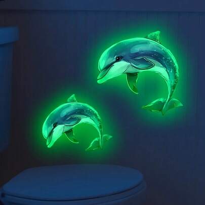 7.87x11.81英寸夜光海豚马桶贴纸 - PVC材质，浴室装饰，自粘式，趣味蓝黑海豚图案，适用于家居、浴室和卫生间装饰，秋季浴室配件
