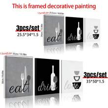 三件套木框厨房墙画，“吃喝玩乐”主题，灰、黑、白单色现代帆布海报设计，防水，是卧室、客厅、家居、宿舍的理想礼物或装饰品，西式风格，现代家居装饰，帆布墙画或厨房装饰 - 3pcs - 查看 5