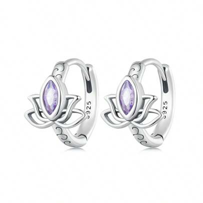 1 PAAR 925 Sterling Zilveren Lotus Hoop Oorbellen Voor Vrouwen Puerple CZ Oorbellen Fijne Sieraden Origineel Cadeau