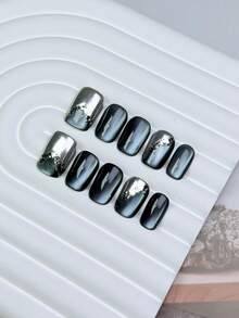 10 件/套 DIY 手工制作简约百搭手绘图案，魔镜粉墨绿水晶猫眼，1 件果冻凝胶和 1 件指甲锉，非常适合日常生活和派对装扮按压指甲美甲用品（显示卡随机） - 彩色 - 查看 14