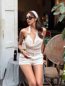 ii Draped Neck Sleeveless Draped Neck Backless Sexy Elegant Satin Top - Champagne - View 1