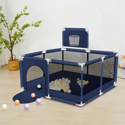 Large Baby Playpen Portable Child Yard Activity Center With Basketball Hoop Blue 128X128X66CM