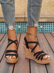 Damen Sommer Riemen Weiche Kork Keilsandalen - Offene Zehenform, High Heel Dicke Plateau Khaki Erhöhung Höhe Sandalen, Lässig Strand Essentiell, Gewebte Sandalen
