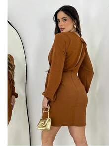Short Dress With Bow And Elastex Sleeve LINED - Rust Brown - View 3
