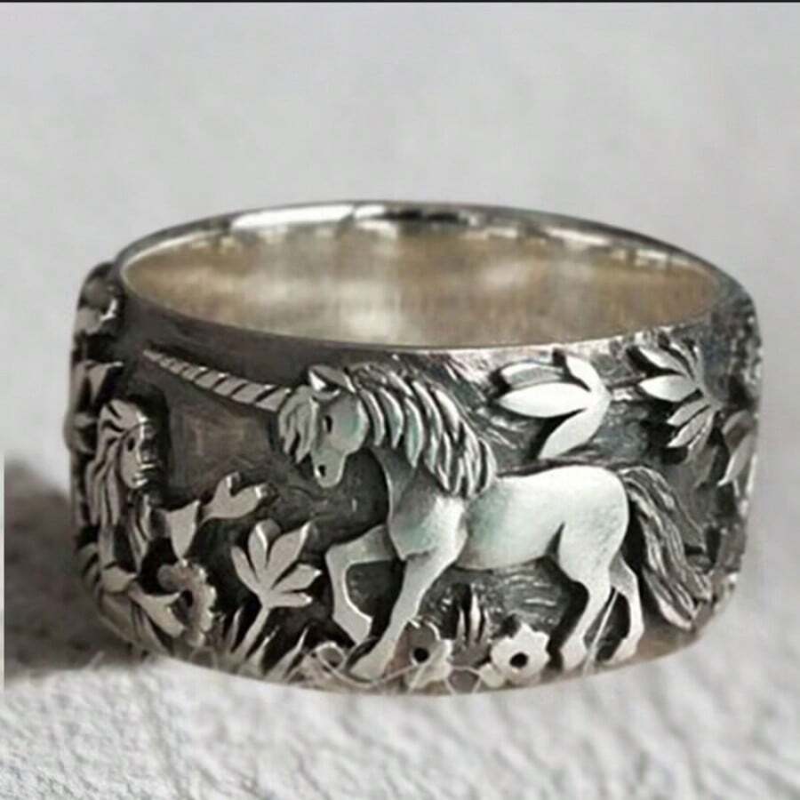 A Unicorn Flower Fashionable Women's Decorative Ring With A Retro And Unique Design, Suitable For Daily Wear - Màu Bạc Cổ - Xem 1