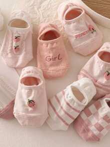 5pairs Women's Peach & Strawberry Print Ankle Invisible Socks Suitable For Daily Wear, Shipped Randomly - View 12