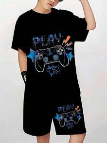 男童电子游戏印花休闲 T 恤和短裤套装，圆领短袖套头衫，适合户外穿着，春夏季，常规针织面料 - 黑色 - 查看 1