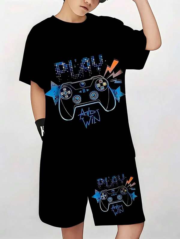 Boys Video Game Print Casual T-Shirt And Shorts Set, Round Neck Short Sleeve Pullover, Suitable For Outdoor Wear, Spring/Summer, Regular Knit Fabric
