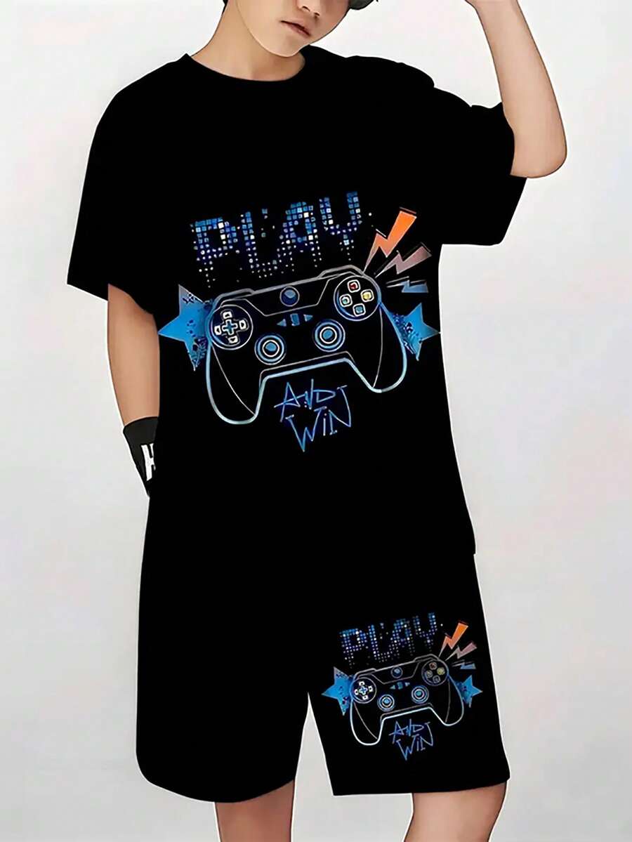 男童电子游戏印花休闲 T 恤和短裤套装，圆领短袖套头衫，适合户外穿着，春夏季，常规针织面料 - 黑色 - 查看 1