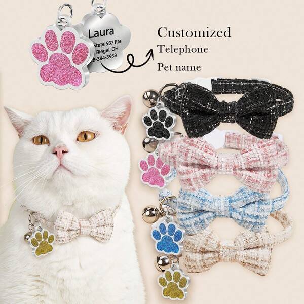 Customized Cat Collar, Soft Fabric Cat Collar With Bell Charm And Pet ID Tag, Customizable Pet Name And Phone Number, Anti-Lost Cat Collar Accessory, Engraved Stainless Steel