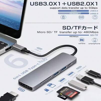 Hub USB C 6 en 1 Tipo C 3.1 a Adaptador 4K con lector de tarjetas SD / TF, carga rápida PD 2.0/3.0, puerto de transferencia de datos, conector para unidad flash USB, compacto y portátil para llevar en viajes de negocios para computadora portátil, computadora, teléfono Android, tableta