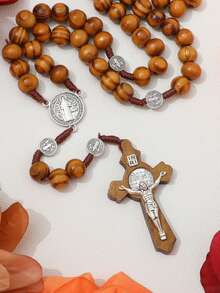 KOMI 1 件手工制作黑色木珠 INRI 项链，洗礼礼物，圣母玛利亚耶稣吊坠 - 咖啡 - 查看 2