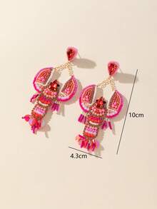 1 Pair Handmade Woven Rice Faux Pearl & Rhinestone Lobster Shaped Earrings - Baby Pink - View 5